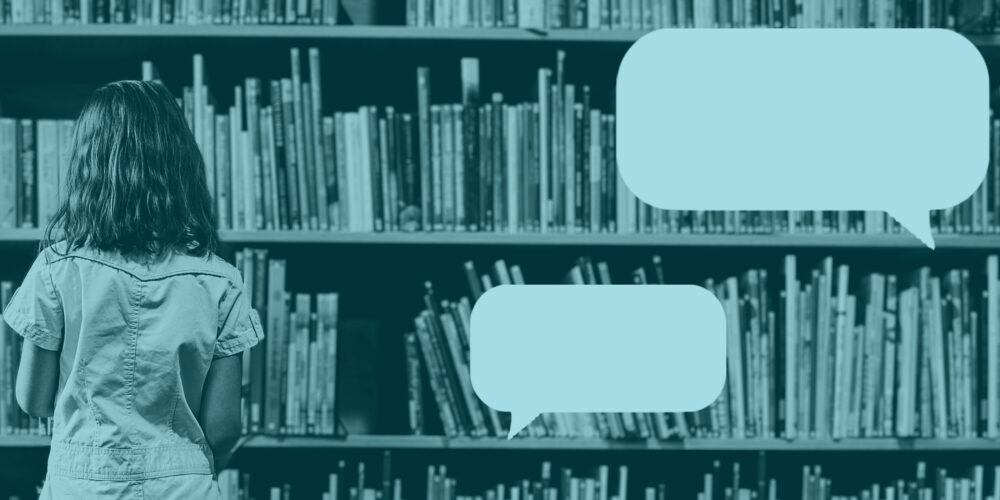 A graphic including a child in a library and several thought bubbles.