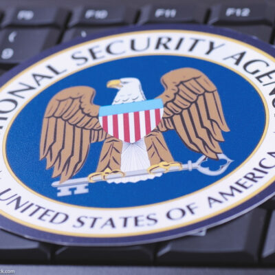 The National Security Agency seal on a keyboard.