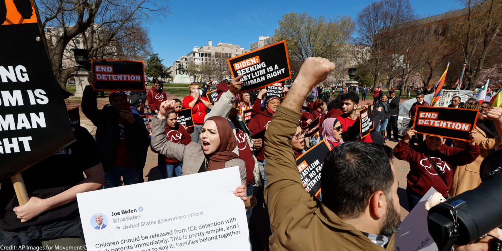 Activists march to the White House to demand no asylum ban and no family detention.