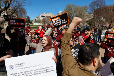 Activists march to the White House to demand no asylum ban and no family detention.