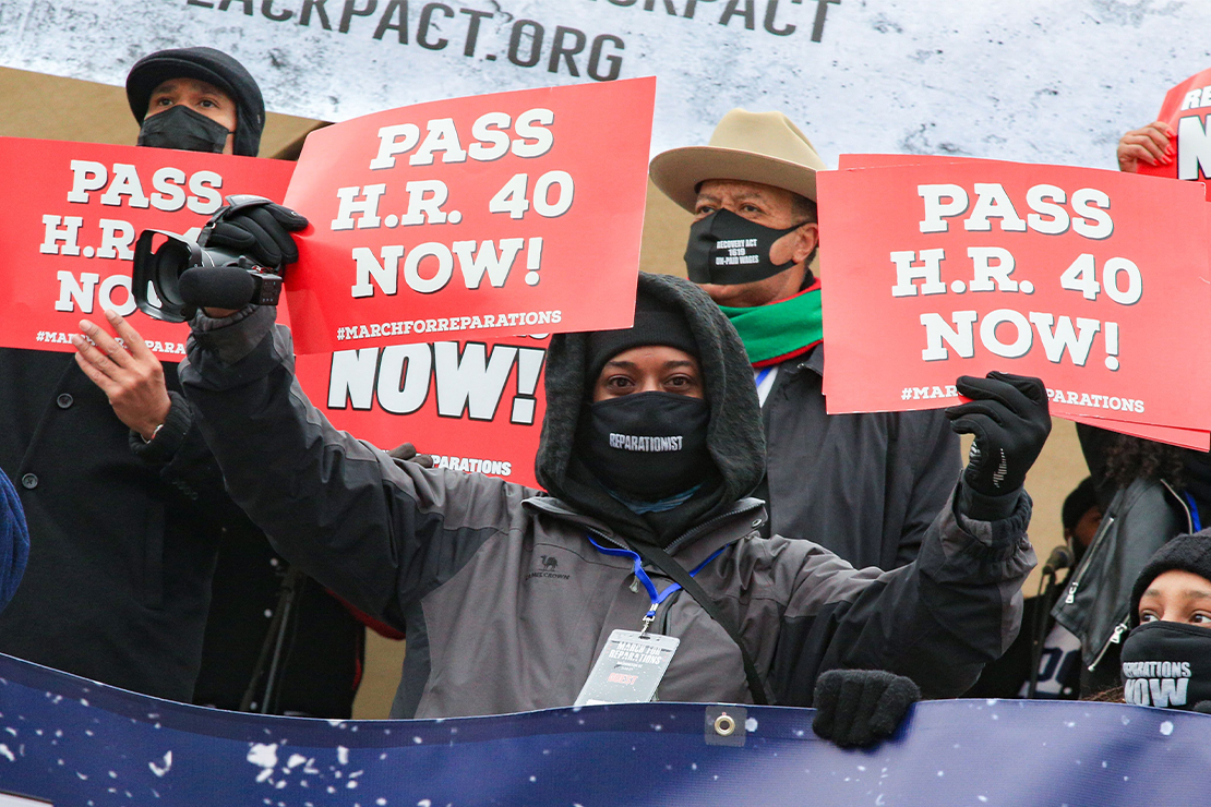 Demonstrators with the Reparationist Collective gather at the Lincoln Memorial in Washington, D.C. to demand reparations from slavery and inequity