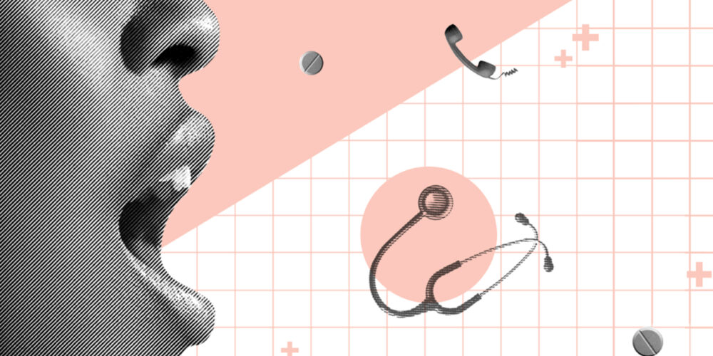 A graphic depicting pills, a telephone, and an individual with an open mouth.