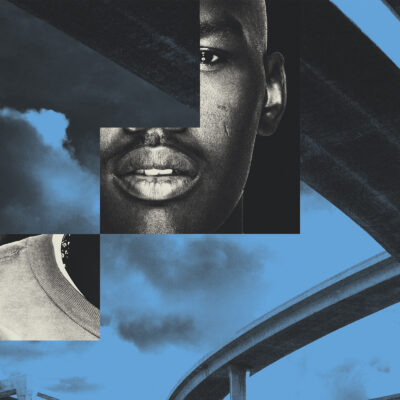 A collage of black faces with an elevated highway on a blue background.