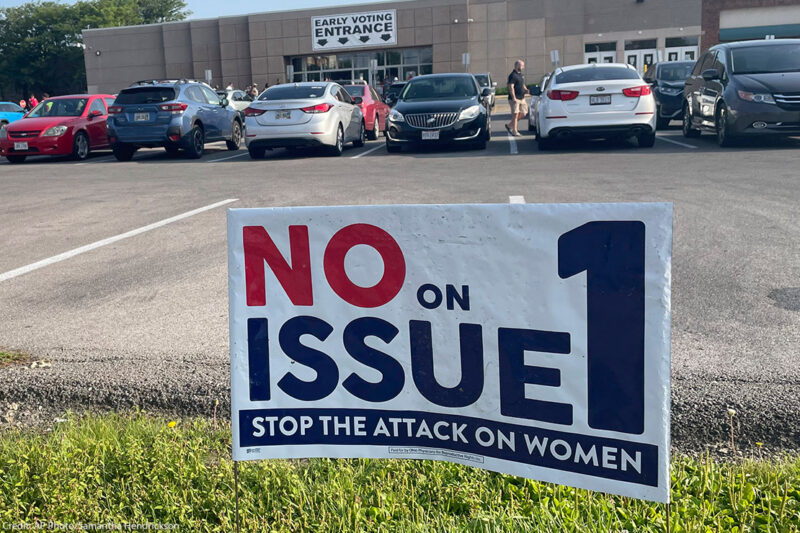 A campaign sign reading "No on Issue 1."