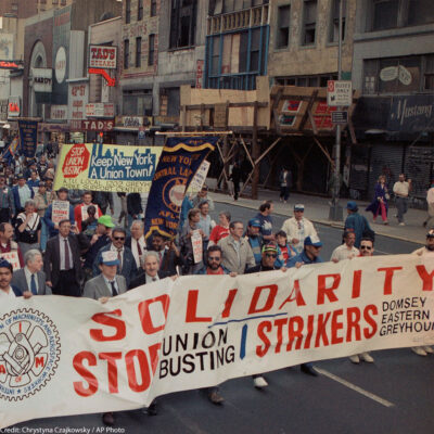 Union workers march on Wednesday, May 3, 1990 in Midtown New York in solidarity with striking workers of Greyhound, Eastern Airlines and a Brooklyn clothing manufacturer. The march began in the afternoon at the Port Authority Bus terminal and moved uptown to Rockefeller Center.