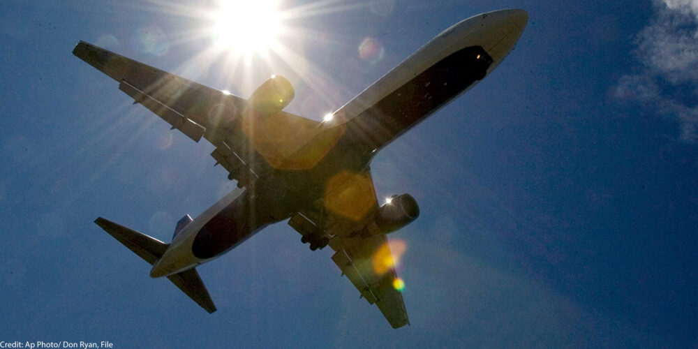 An airplane in the sky.