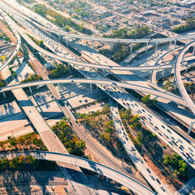 A sprawling shot of a California highway system.