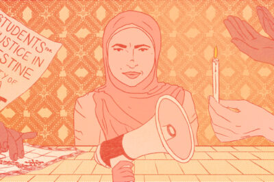 An illustration of a woman wearing a hijab in front of a megaphone.