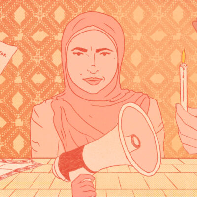 An illustration of a woman wearing a hijab in front of a megaphone.