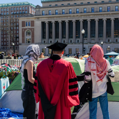 Pro-Palestinian supporters set up a protest encampment on the campus of Columbia University in New York as seen on April 22, 2024