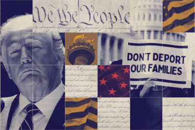 A collaged graphic featuring Donald Trump and Joe Biden.